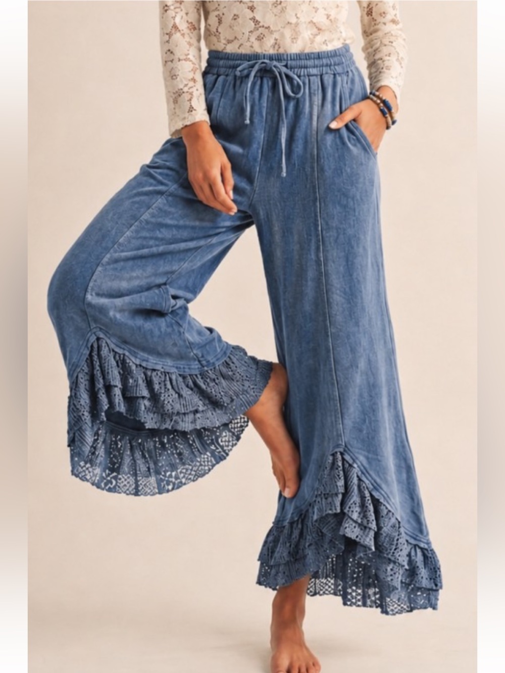 ROMANTIC LACE MINERAL WASH WHISPER WIDE LEG PANTS